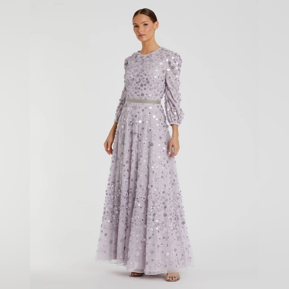 MAC DUGGAL
Purple Floral Applique Puff Sleeve High Neck A-Line Gown - Picture 1 of 3